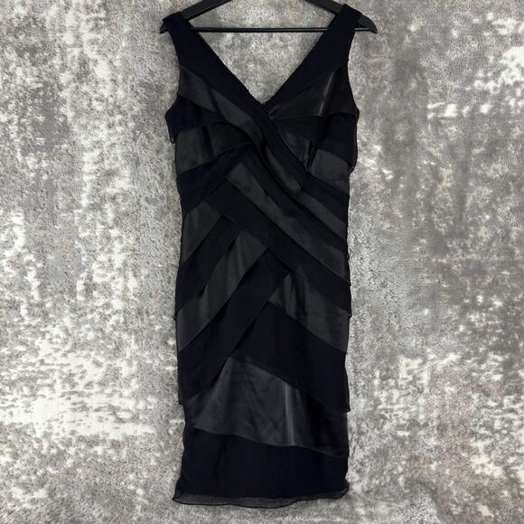 Tadashi Shoji Size 8 Silk V Neck Knee Length Sheath Dress Black Sleeveless Zip - Picture 1 of 11